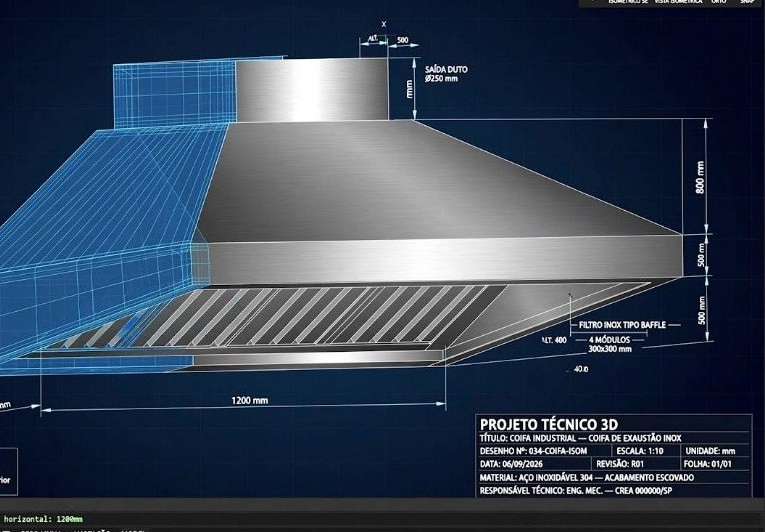 Projeto técnico 3D de coifa industrial com cotas e material especificado